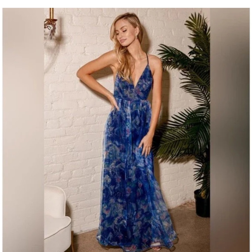 LULU'S Bloom Wildly Maxi Dress Navy Blue Floral Organza Backless Size Small